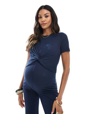 Mamalicious Umstandsmode - Cropped-T-Shirt aus geripptem Jersey in Marineblau, Kombiteil