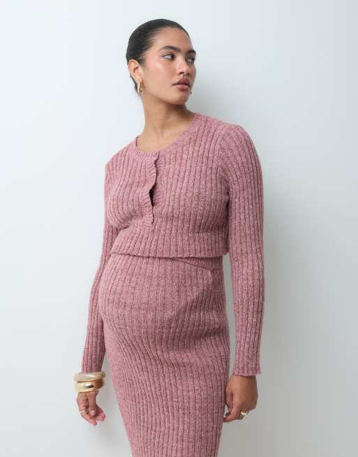 Mamalicious Umstandsmode gerippte Cropped-Strickjacke als Kombiteil in Rosé-Taupe-Melange, 3 von 4