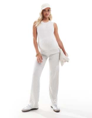 Mamalicious - Umstandsmode - Gerippte Jersey-Hose in meliertem Creme mit Überbauchbund und weitem Bein, Kombiteil-Weiß