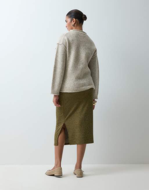 Mamalicious Umstandsmode hoch geschnittener Jersey-Midirock als Kombiteil in Moosgrün Melange, 2 von 5