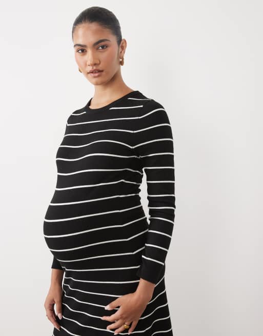 Mamalicious - vestido midi de punto de manga larga en negro con rayas blancas, 2 de 4
