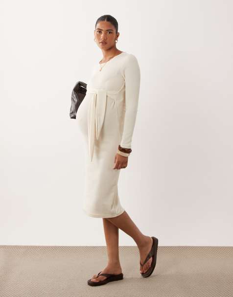 Mamalicious - Vestido midi de punto premamá con cintura anudada en crema jaspeado - view 1