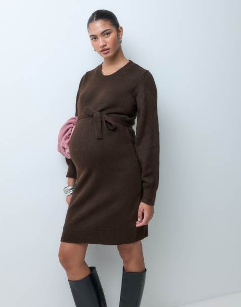 Mamalicious Vestido midi de punto premamá con cinturón en marrón chocolate - view 1