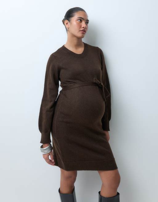 Mamalicious Vestido midi de punto premamá con cinturón en marrón chocolate, 5 de 5