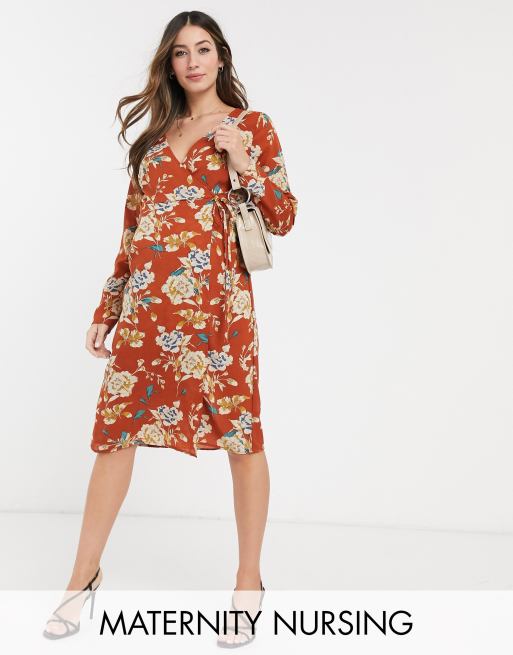 Mamalicious - Vestito per allattamento a portafoglio rosso a fiori