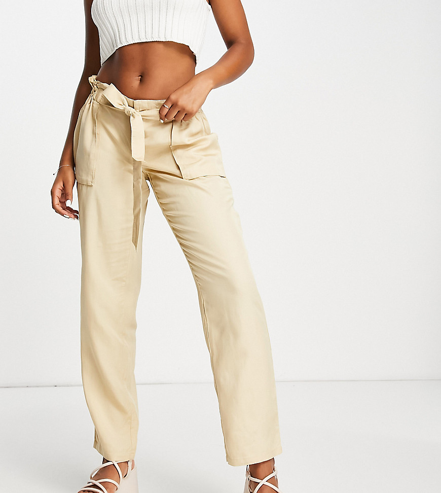 Mama. licious woven trousers with tie waist in beige-Neutral