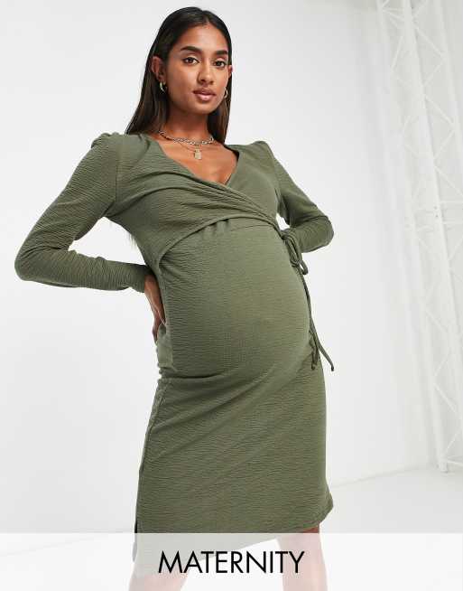 MAMA.LICIOUS Mamalicious Maternity Long Sleeve Midi Dress In Khaki