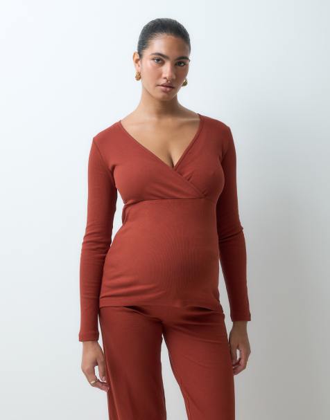 Mamalicious zwangerschaps-jersey wikkeltop voor borstvoeding in co-ordset in burnt henna - view 1