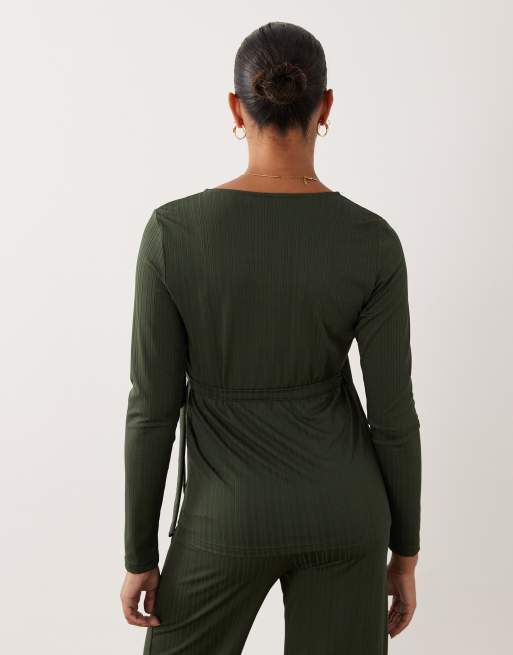 Mamalicious zwangerschaps ribgebreide jersey overslagtop in donkergroen, 3 van 4