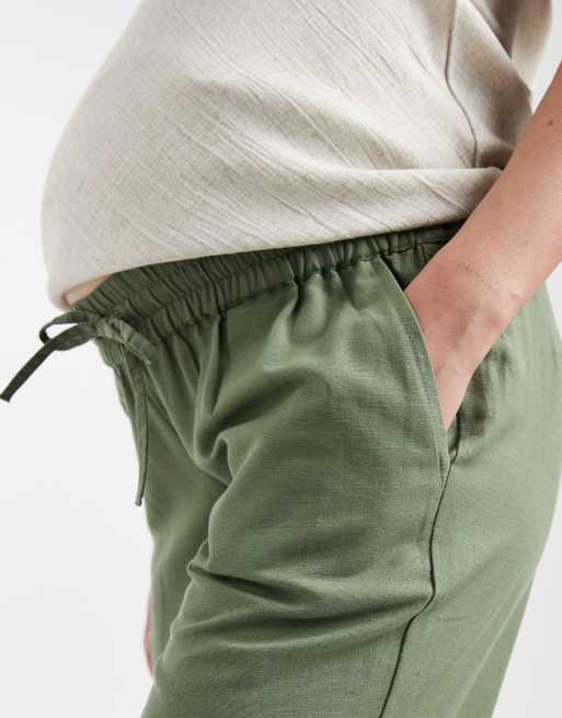 Mamalicious - Zwangerschapskleding - Broek van linnenmix met gestrikte taille in kaki, 5 van 5