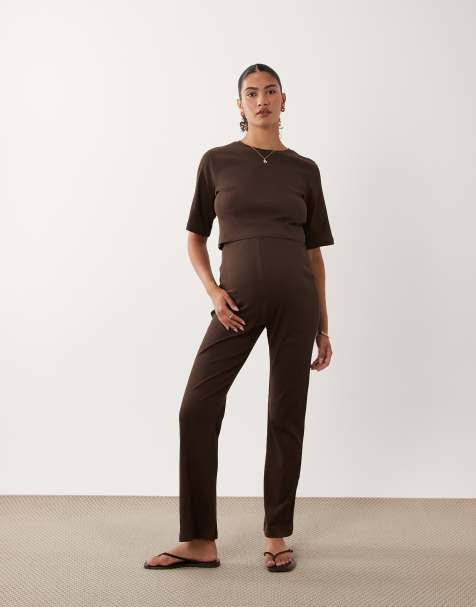 Mamalicious - Zwangerschapskleding - Cropped jersey T-shirt van katoen in chocoladebruin, deel van co-ord set - view 1