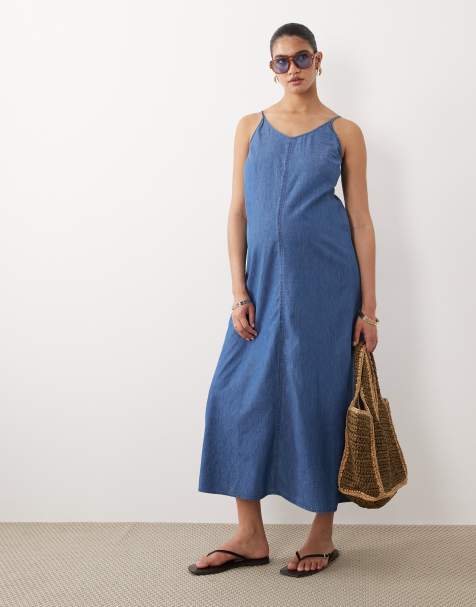 Mamalicious - Zwangerschapskleding - Denim midi jurk van chambray met camibandjes in medium blauwe wassing - view 1