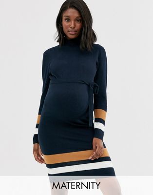 Mamalicious - Zwangerschapskleding - Gebreide midi-jurk met kleurvlakken-Blauw