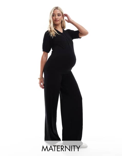 Mamalicious - Zwangerschapskleding - Geribbelde broek van jersey met wijde pijpen in zwart, deel van co-ord set - view 1