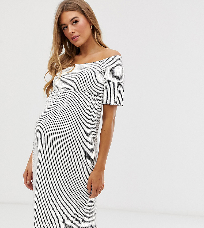 Mamalicious - Zwangerschapskleding - Halflange bardot-jurk met strepen-Wit