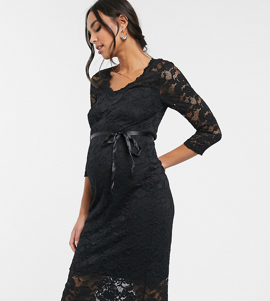 Mamalicious - Zwangerschapskleding - Midi-jurk van kant met details aan de taille in zwart