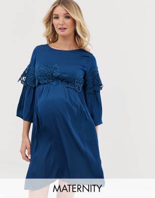 Mamalicious - Zwangerschapskleding - Mini-jurk met kant-Blauw Blauw