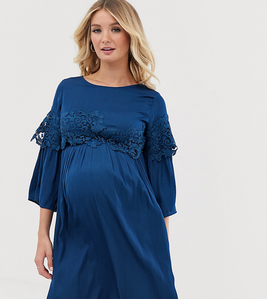 Mamalicious - Zwangerschapskleding - Mini-jurk met kant-Blauw