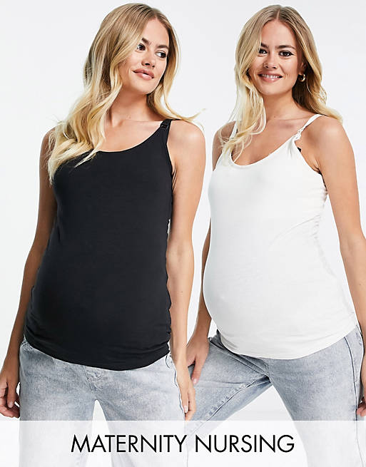 Mamalicious - Zwangerschapskleding - Set van twee camitops met borstvoedingsfunctie in zwart en wit