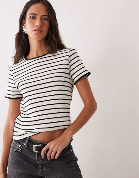 Mango 100% bomull t-shirt i svartvit randig - view 1