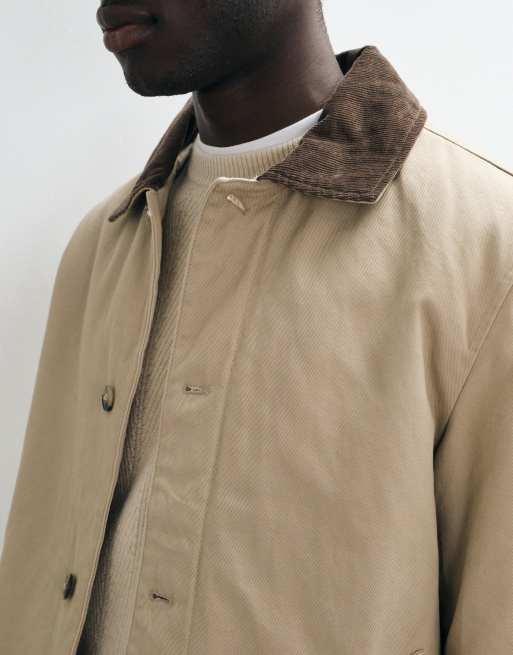Mango 100% cotton barn jacket with contrast collar in beige, 4 of 5