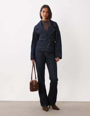 Mango 100% Cotton Belted Short Denim Jacket In Blue