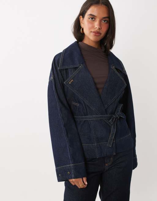 Mango 100% cotton belted short denim jacket in indigo, 2 of 4