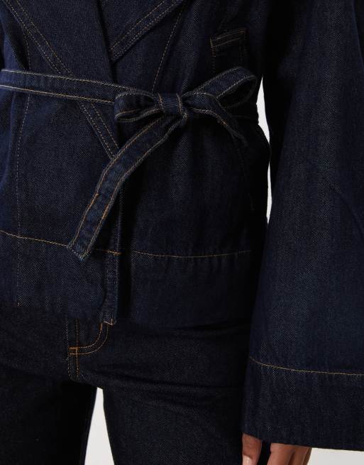 Mango 100% cotton belted short denim jacket in indigo, 3 of 4