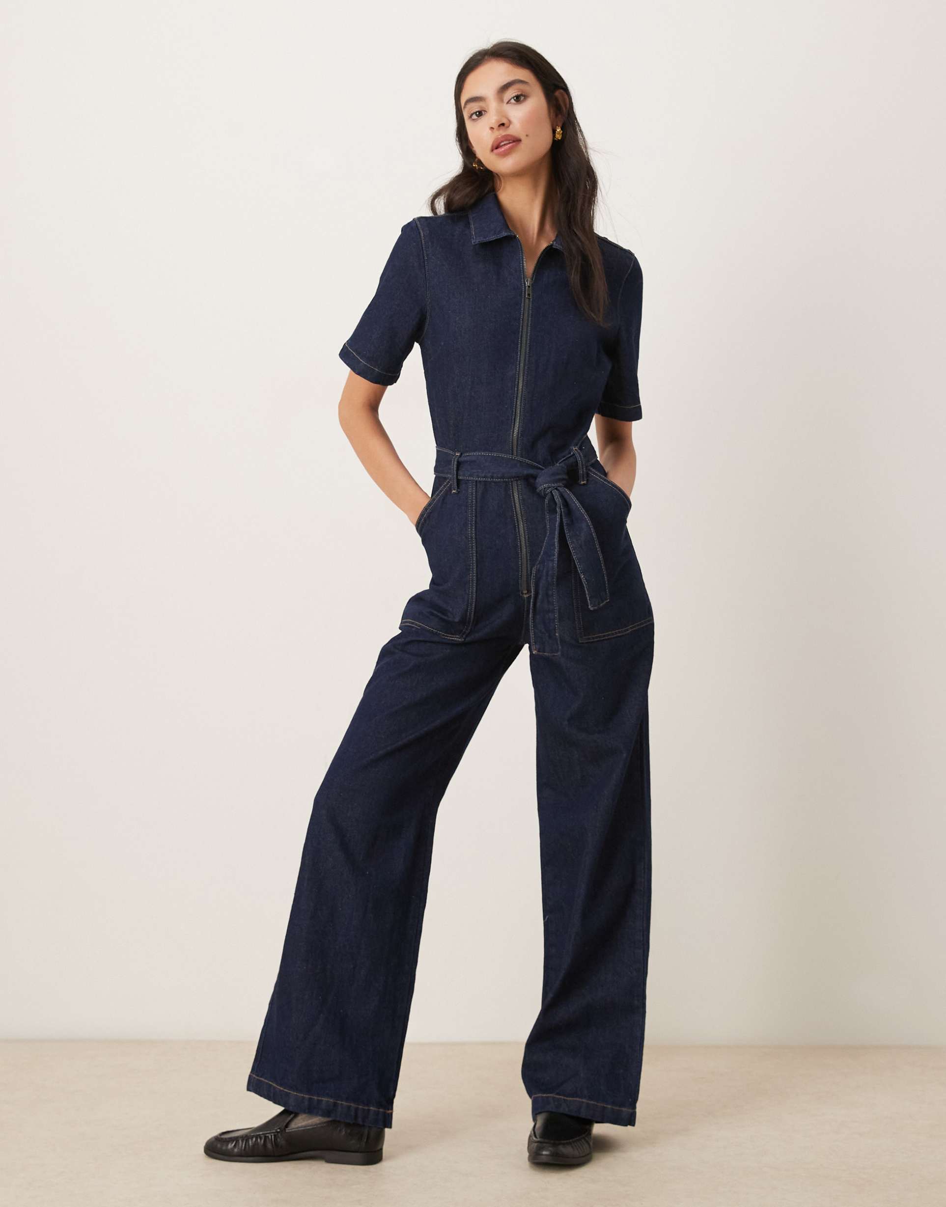 mango 100% cotton belted short sleeve denim jumpsuit in dark blue