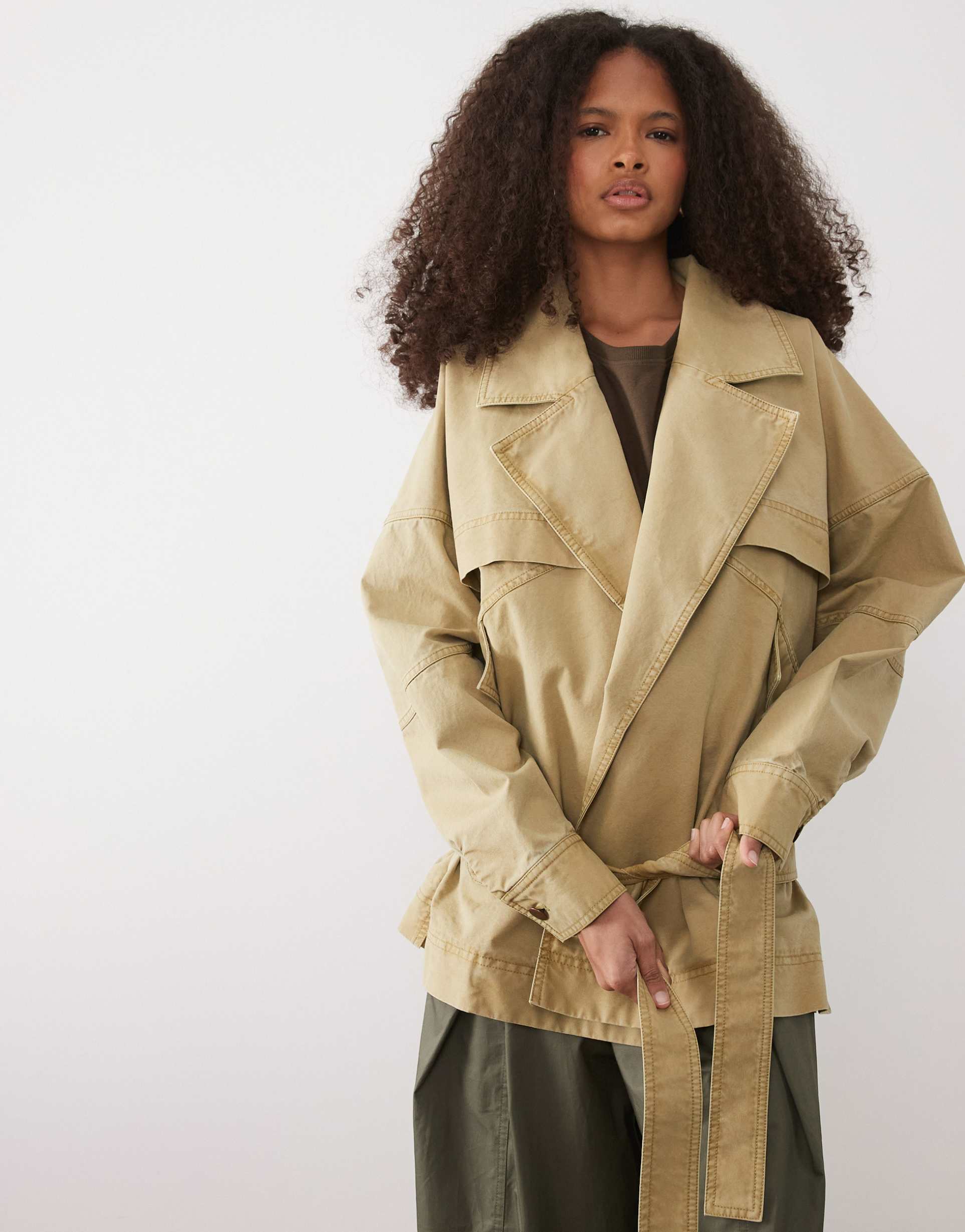 mango 100% cotton belted short trench coat in beige