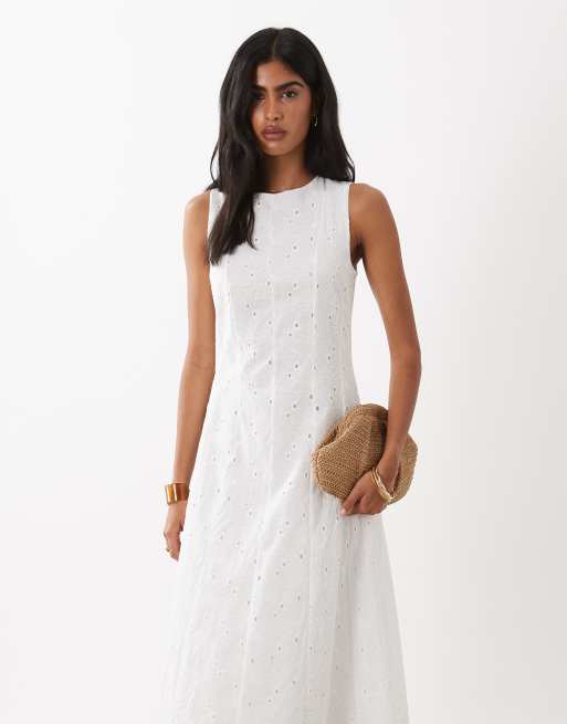 Mango 100% cotton boat neck embroidered midi dress in white, 3 of 4