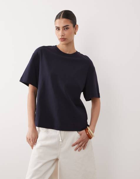 Mango 100% cotton boxy t-shirt in navy - view 1