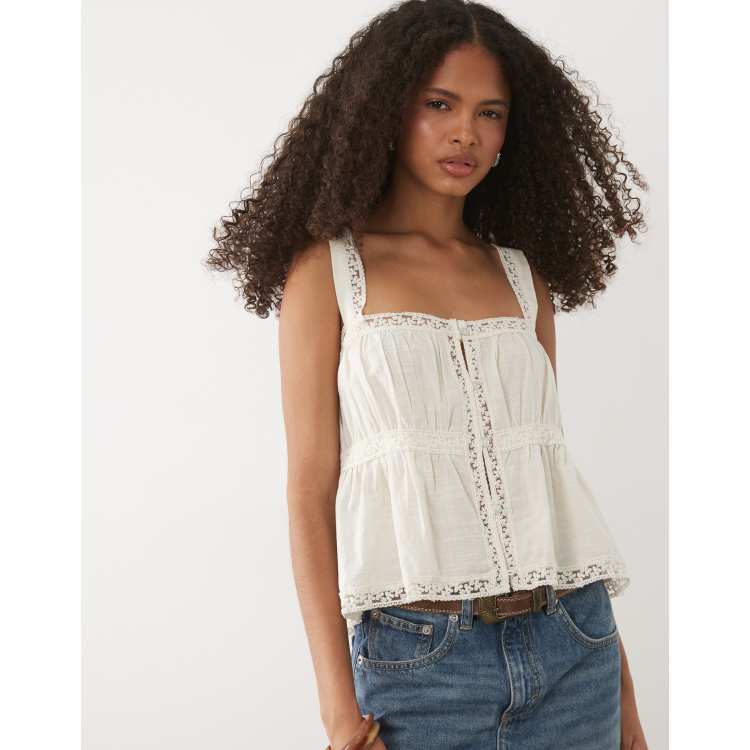 Mango 100% cotton button front embroidered cami top in beige | ASOS