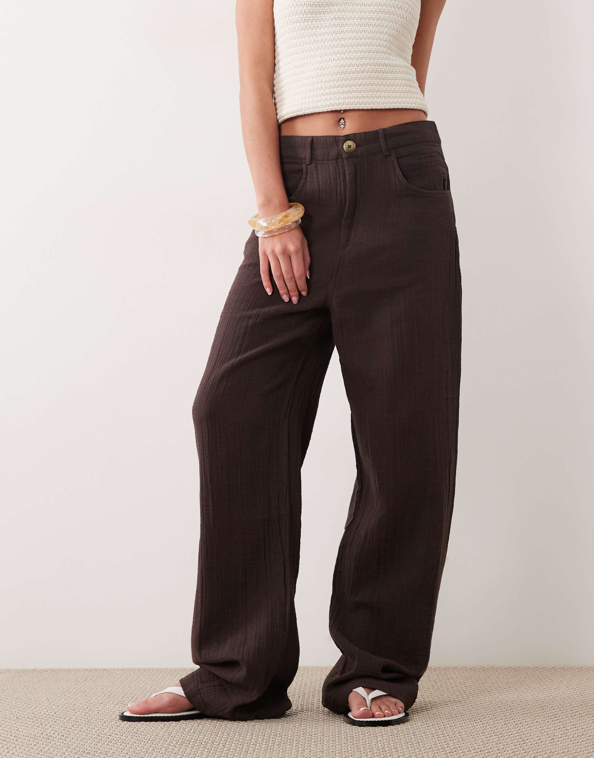 mango 100% cotton cheesecloth relaxed pants in brown