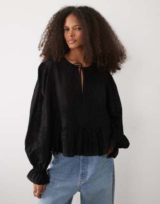 Mango 100% cotton cinched waist blouse in black