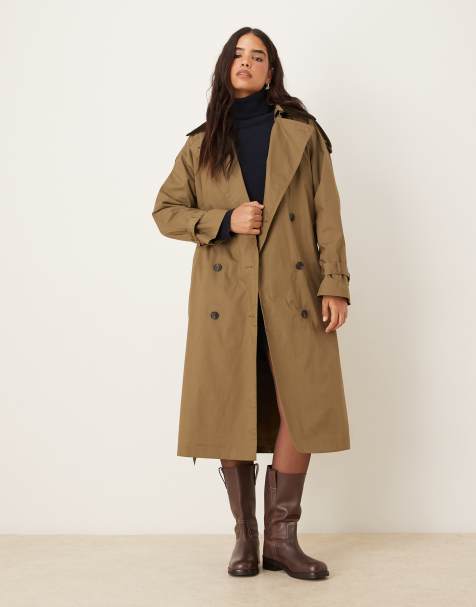 Mango 100% cotton contrast collar trench coat in tan - view 1