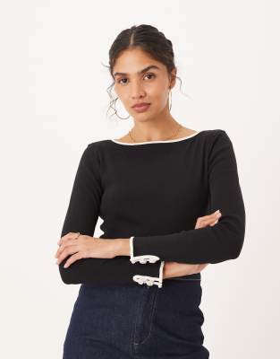 Mango 100% Cotton Contrast Tipping Long Sleeve Top In Black