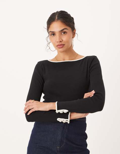 Mango 100% cotton contrast tipping long sleeve top in black - view 1