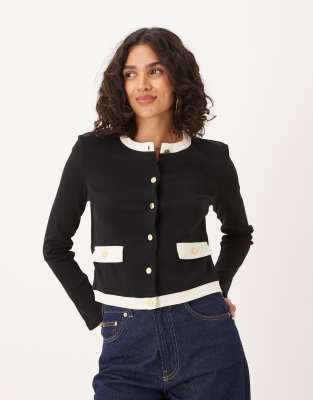 Mango 100% Cotton Contrast Trim Cardigan With Gold Buttons In Black
