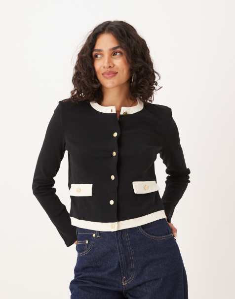 Mango 100% cotton contrast trim cardigan with gold buttons in black and white - view 1