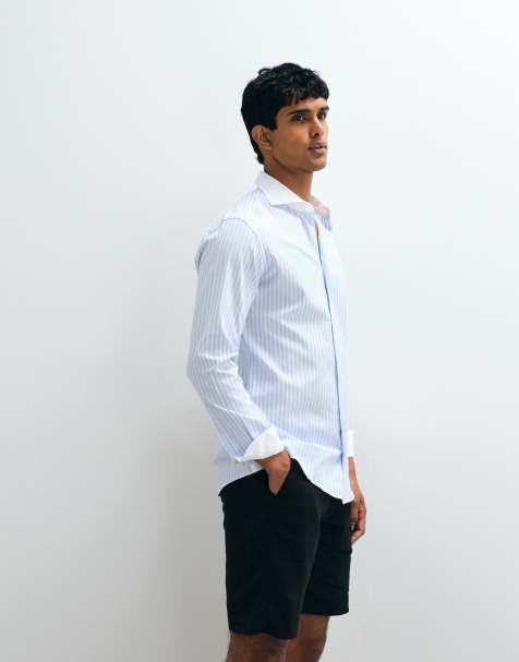 Mango 100% cotton contrast trim long sleeve striped shirt in light blue