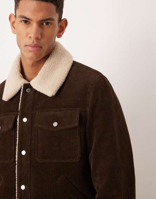 Mango 100% cotton cord jacket with borg collar in dark brown, 5 of 5