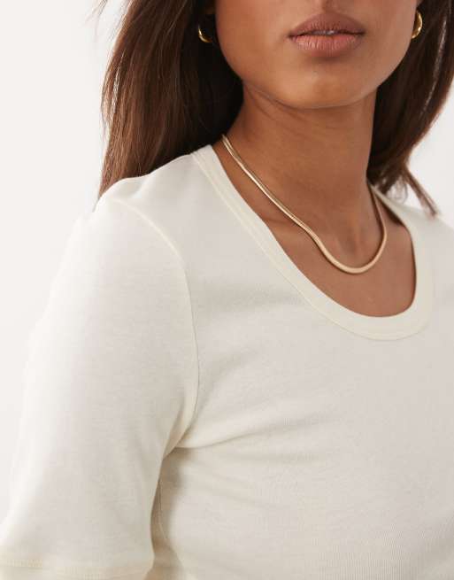 Mango 100% cotton cuffed sleeve t-shirt in cream, 3 of 4