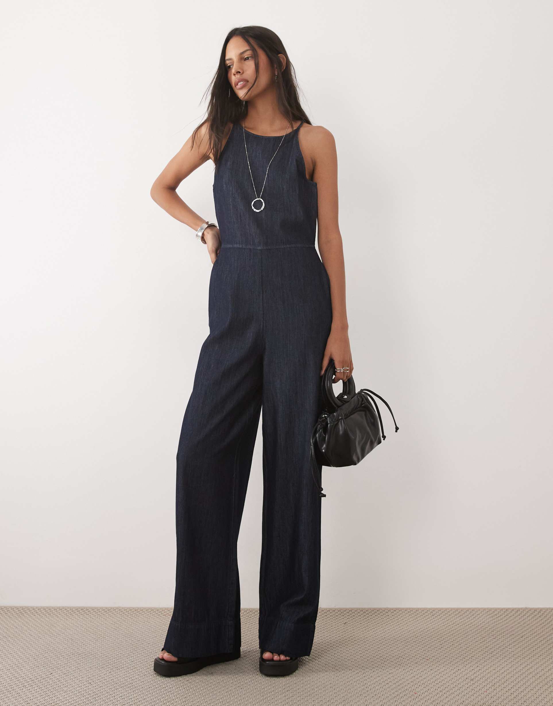 mango 100% cotton denim jumpsuit in indigo