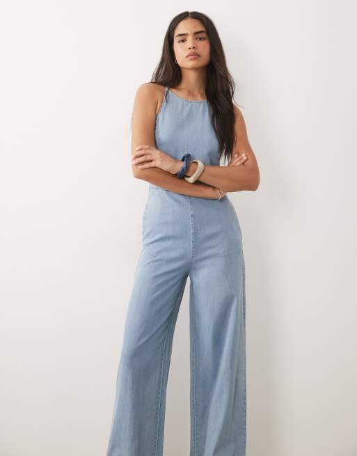Mango 100% cotton denim jumpsuit in light blue, 3 of 4