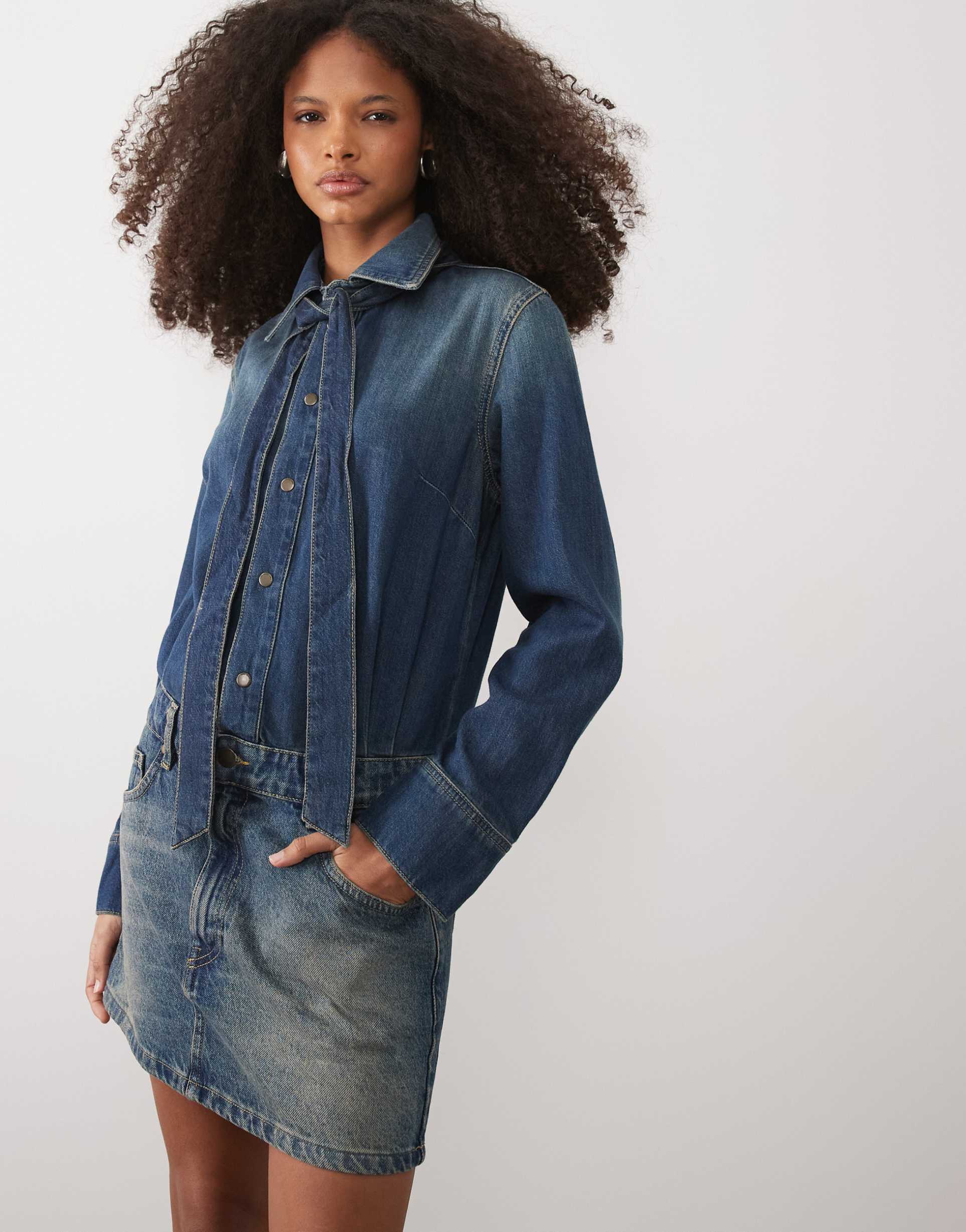 mango 100% cotton denim long sleeve mini dress in mid blue