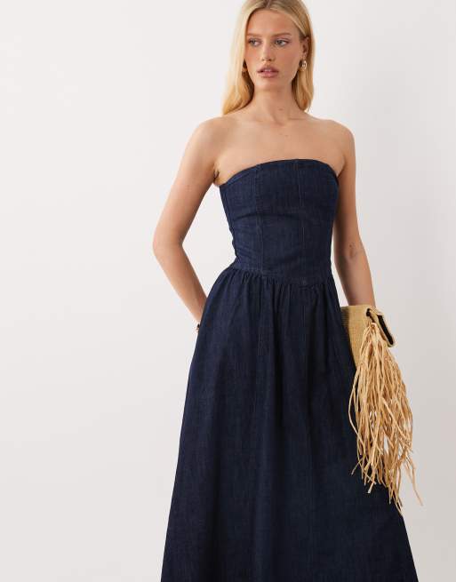 Mango 100% cotton denim off shoulder maxi dress in indigo, 3 of 4