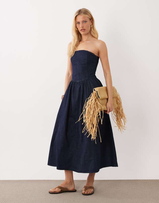 Mango 100% cotton denim off the shoulder midaxi dress in indigo