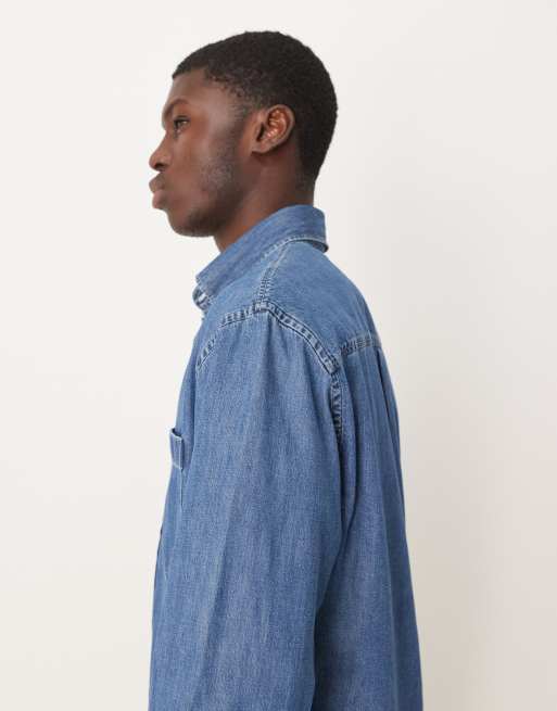 Mango 100% cotton denim shirt in mid blue, 3 of 5