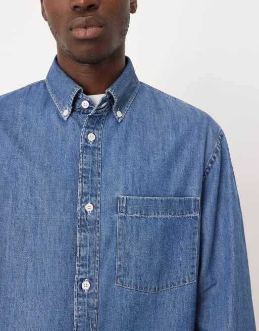 Mango 100% cotton denim shirt in mid blue, 4 of 5